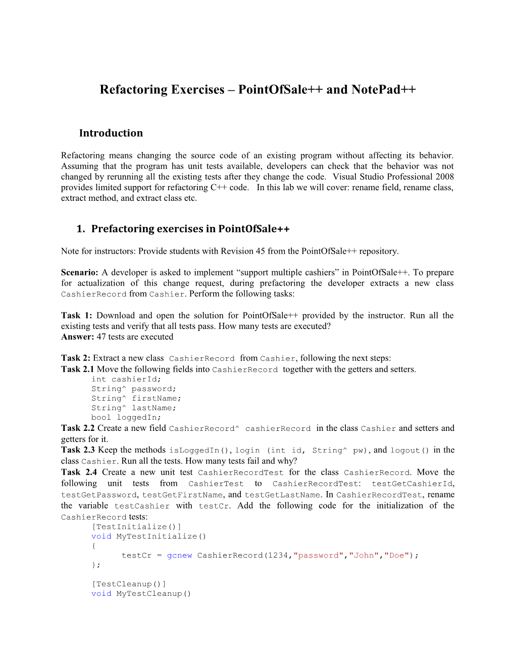 Refactoring Exercises Pointofsale and Notepad