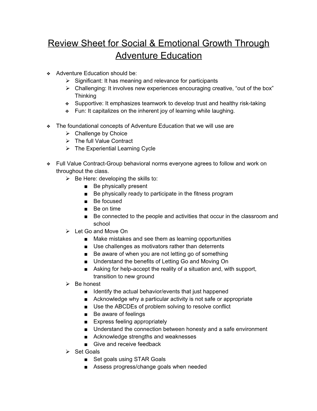Review Sheet for Social & Emotional Growth Through Adventure Education