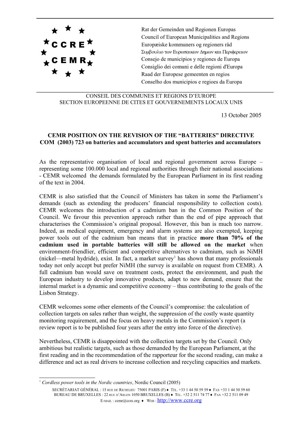 Cemr Position on the Revision of the Batteries Directive