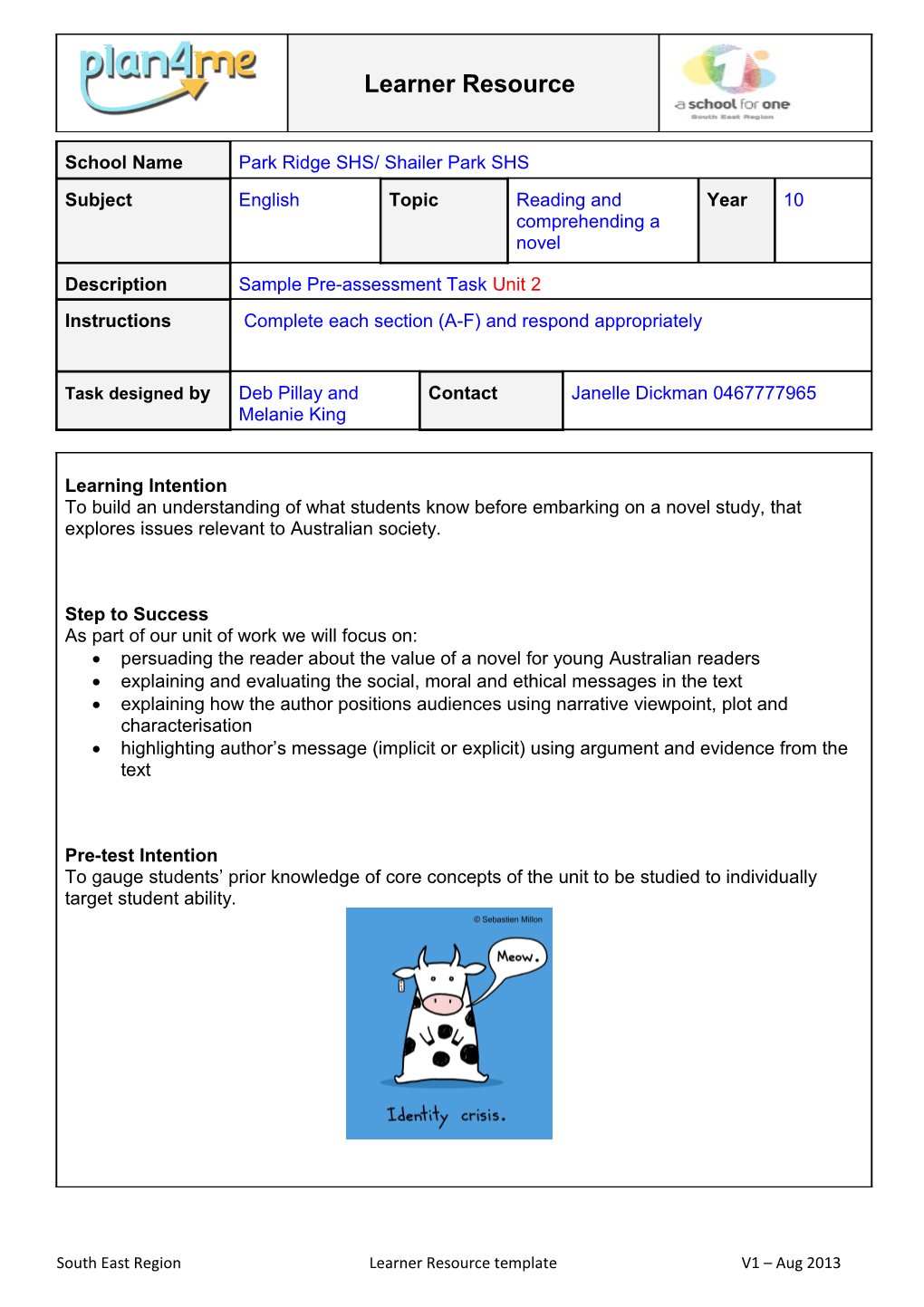 South East Region Learner Resource Template V1 Aug 2013 s1