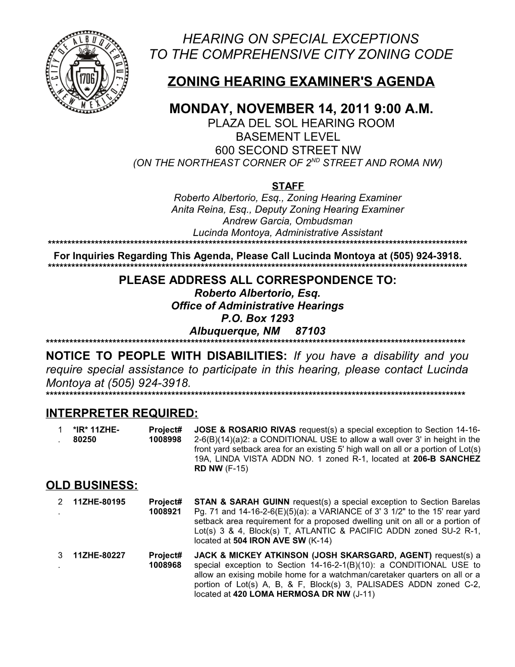 Zoning Hearing Examiner's Agenda