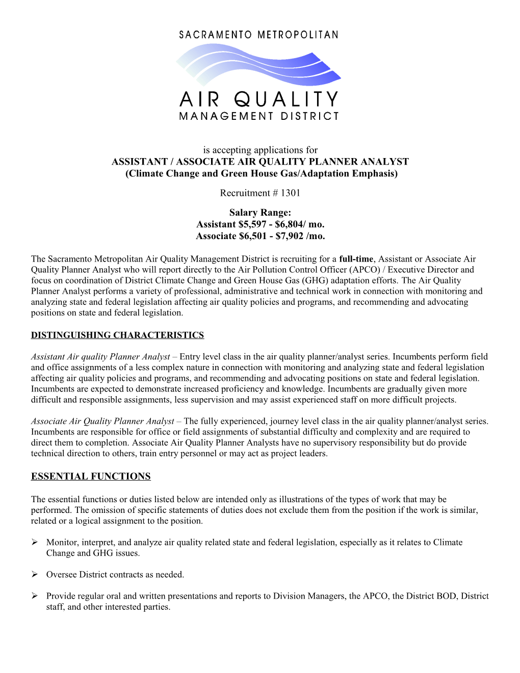 Assistant / Associate Air Quality Planner Analyst
