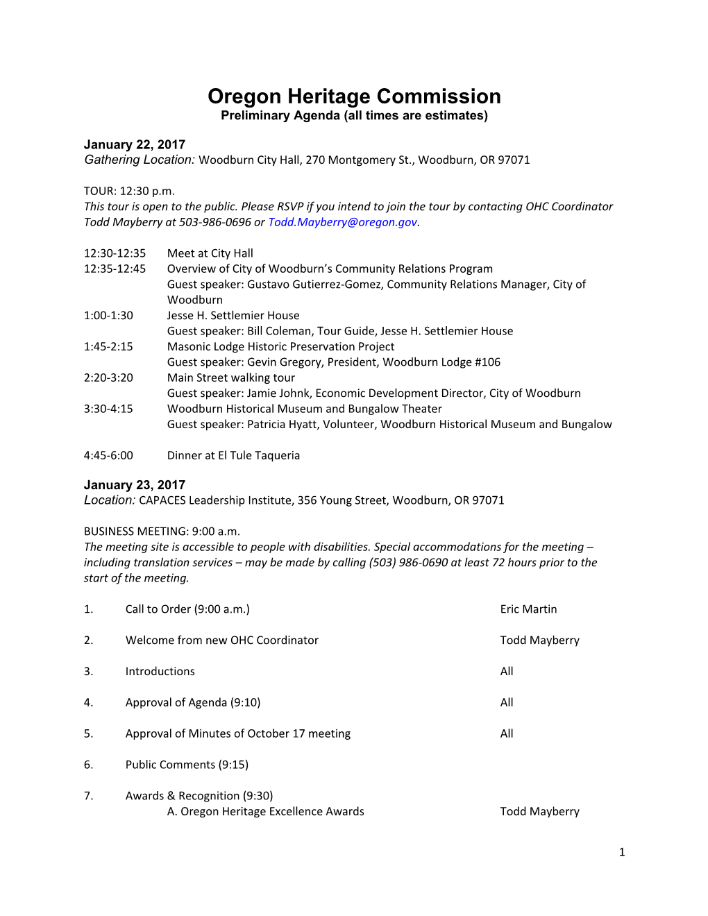 Oregon Heritage Commission Meeting Woodburn Agenda 1-23-2017