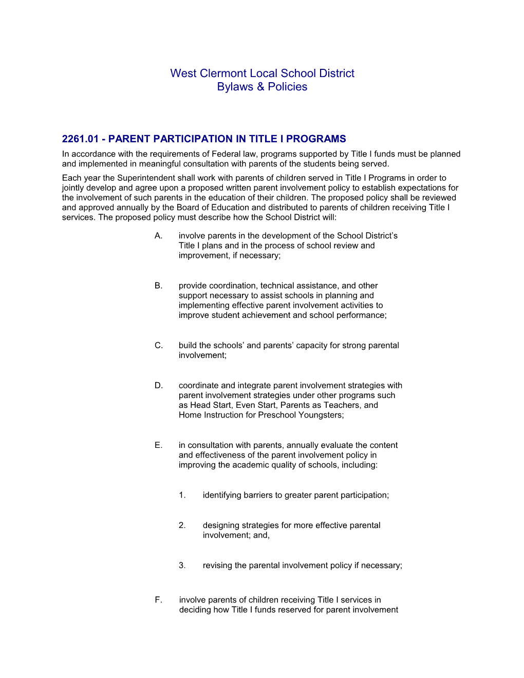 2261.01 - Parent Participation in Title I Programs