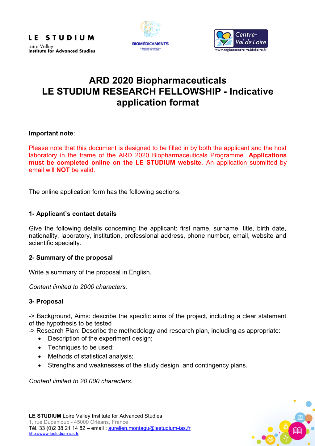 LE STUDIUM RESEARCH FELLOWSHIP - Indicative Application Format