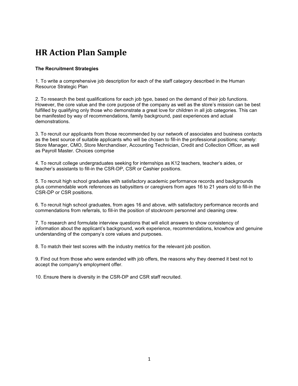 HR Action Plan Sample