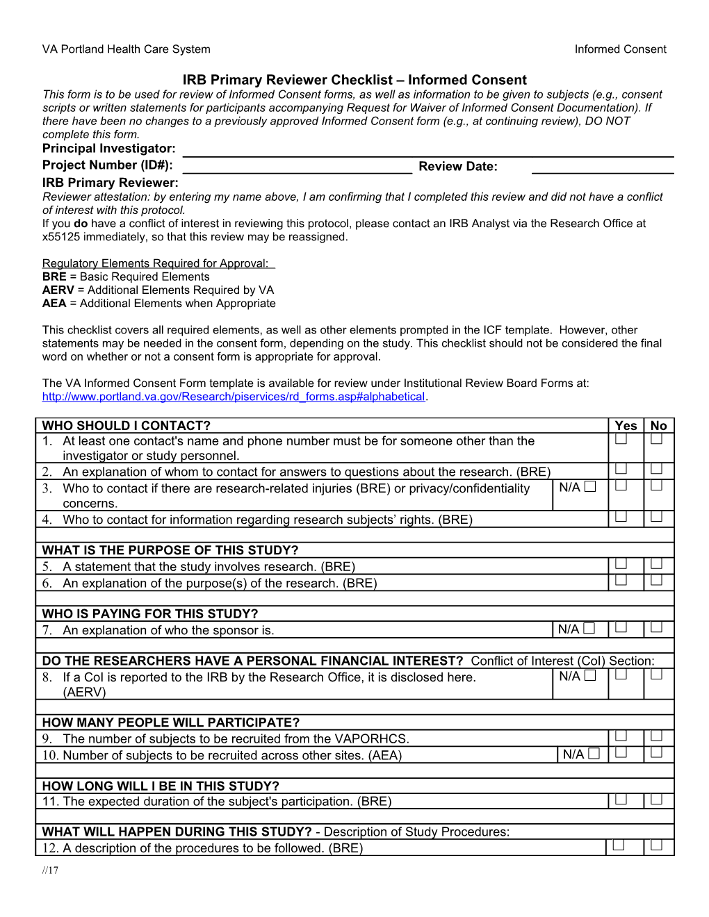 IRB Primary Reviewer Checklist (Portland VA Medical Center)