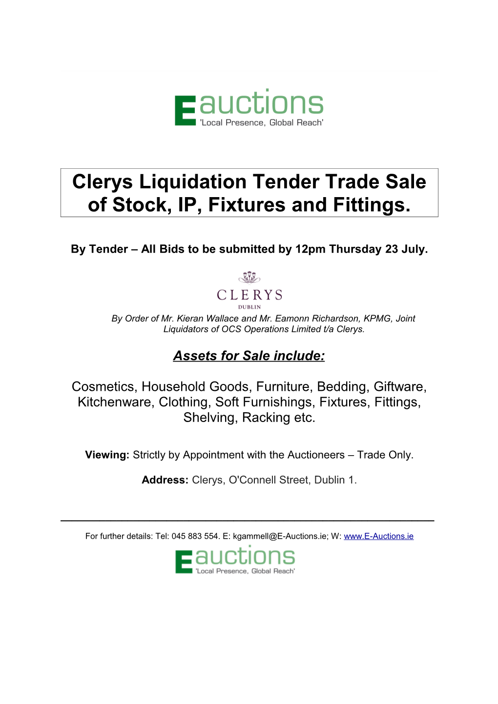 Clerys Liquidation Tender Trade Sale of Stock, IP, Fixtures and Fittings