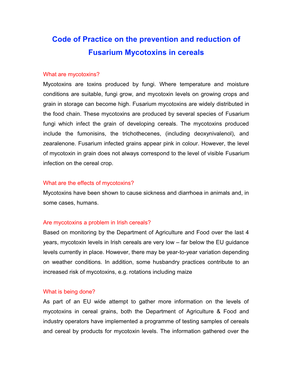 Code of Practice on the Prevention and Reduction of Fusarium Mycotoxins in Cereals