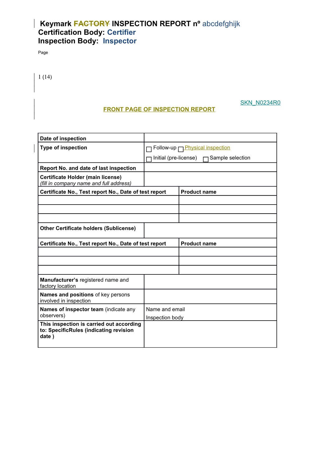 Front Page of Inspection Report