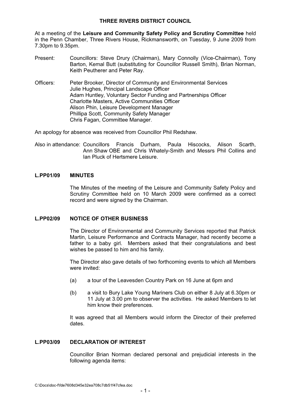 Minutes: Leisure & Comm Safety PSC 09.06.09