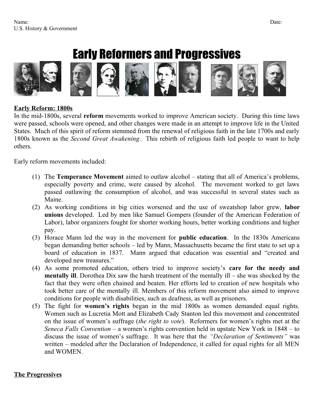 Early Reformers and Progressives