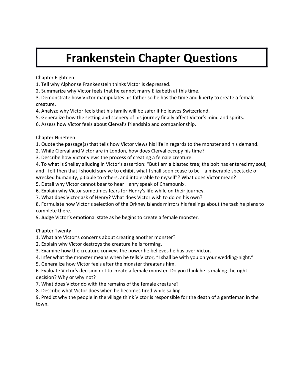 Frankenstein Chapter Questions