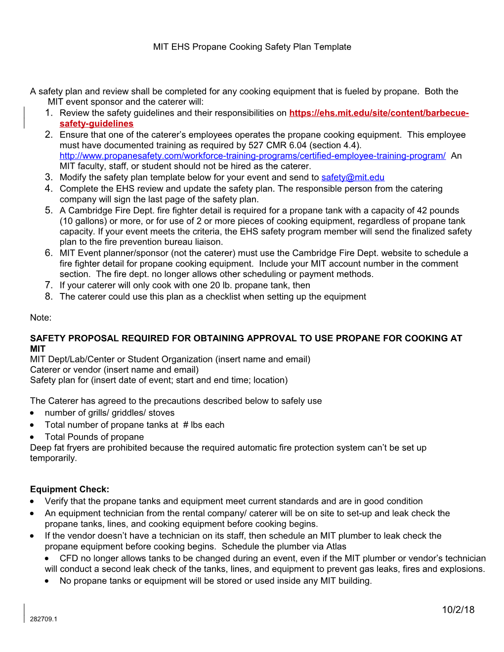 MIT EHS Propane Cooking Safety Plan Template