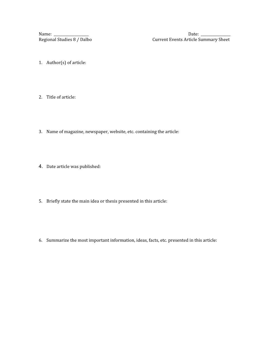 Article Summary Worksheet