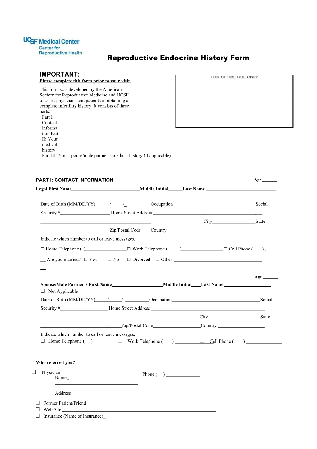 AMERICAN SOCIETY for REPRODUCTIVE MEDICINE Infertility History Form