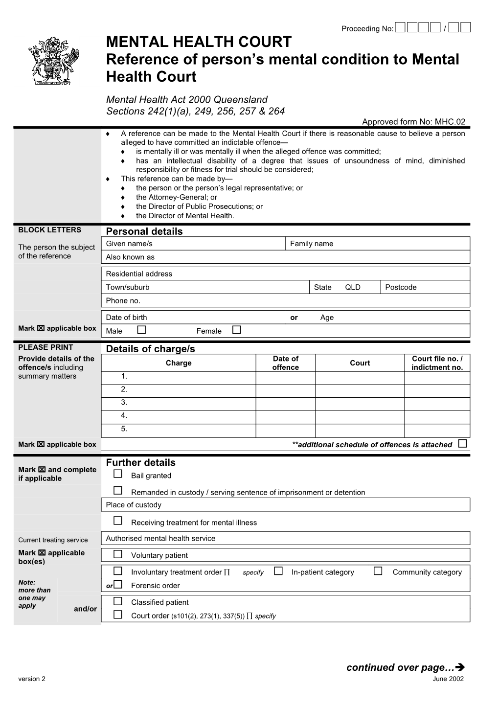 Form 2 - Reference of Person's Mental Condition to the Mental Health Court