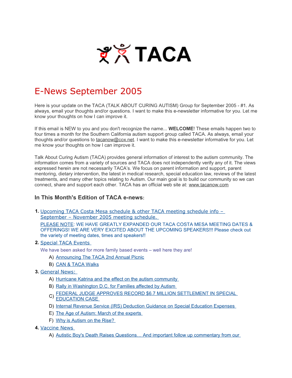 In This Month's Edition of TACA E-News s1