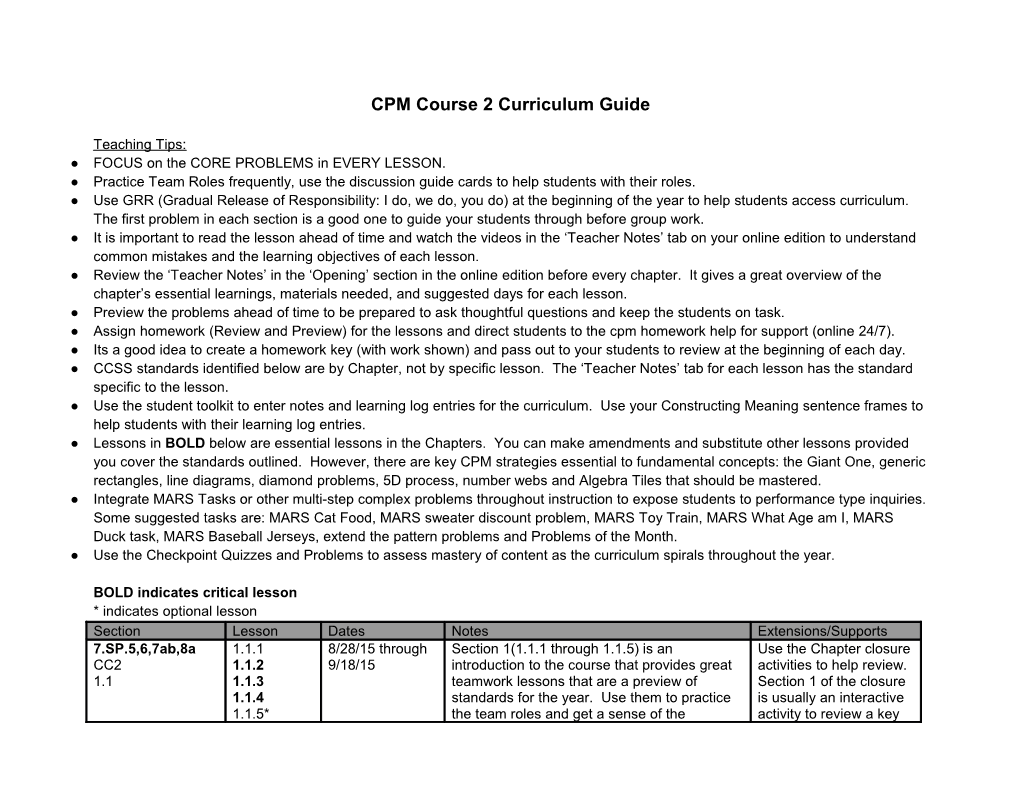 CPM Course 2 Curriculum Guide