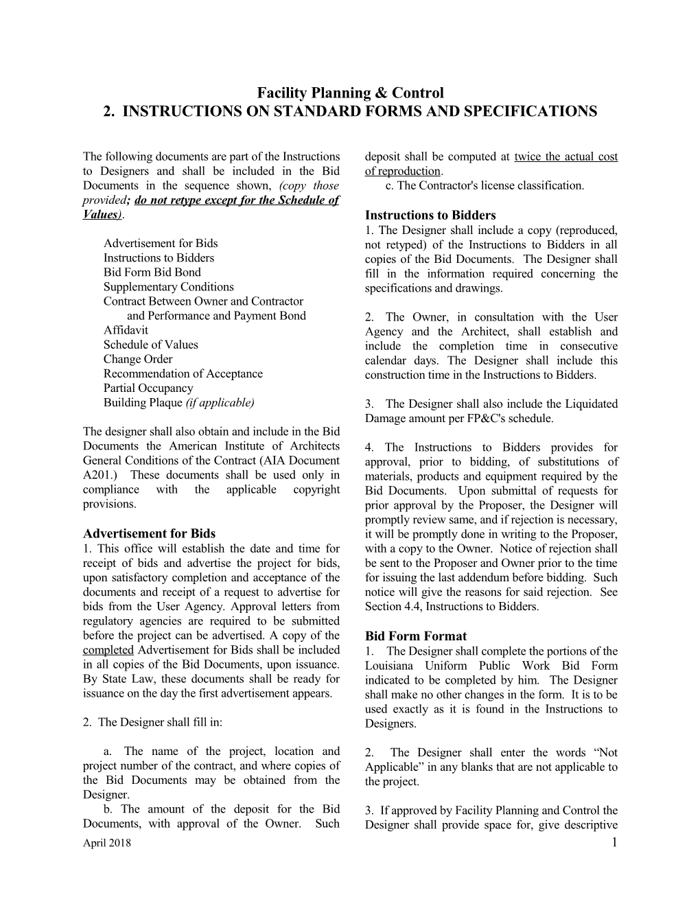 2. Instructions on Standard Forms and Specifications