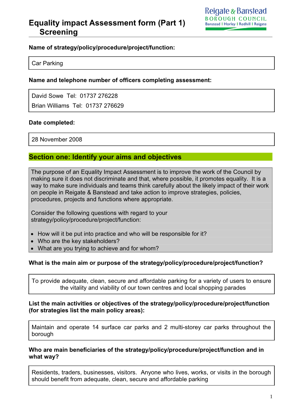 Equality Impact Assessment Form (Part 1)