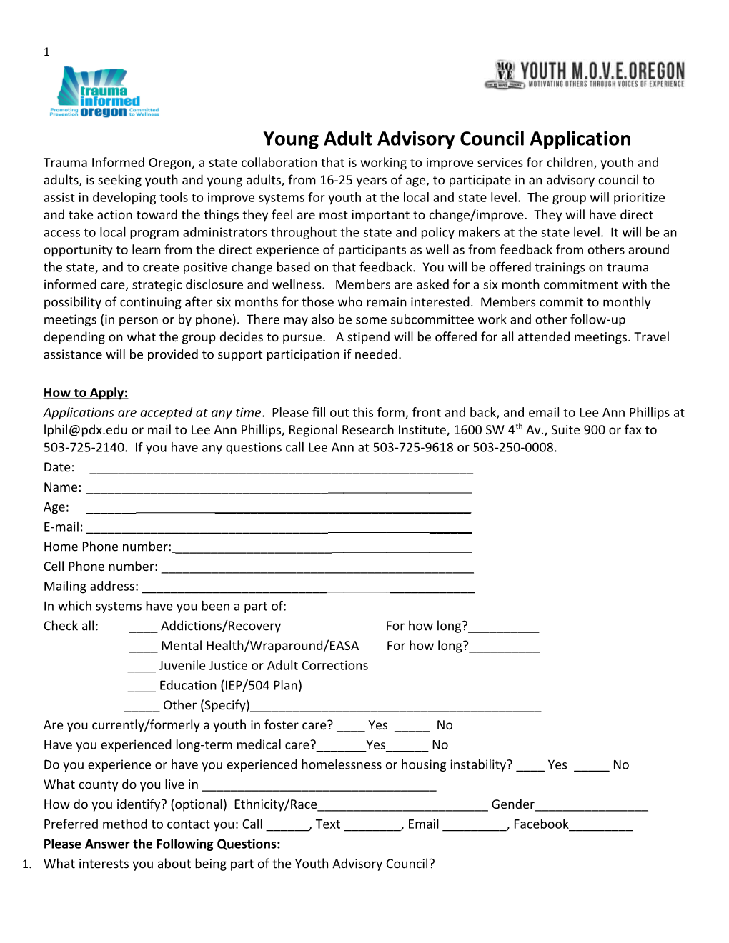 Young Adult Advisory Council Application