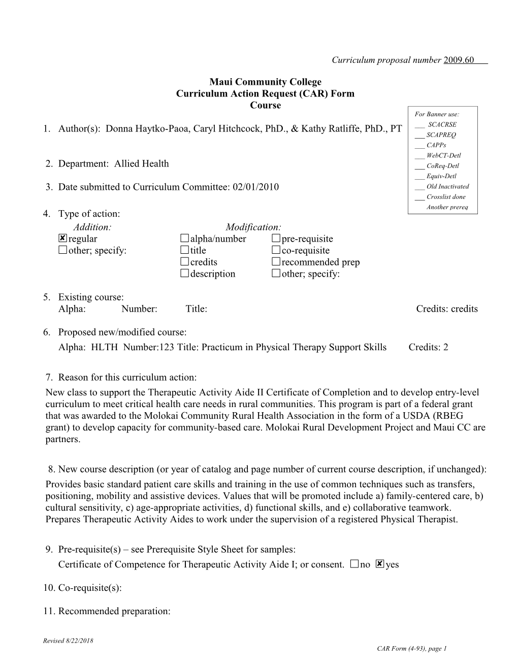 Curriculum Proposal Number 2009