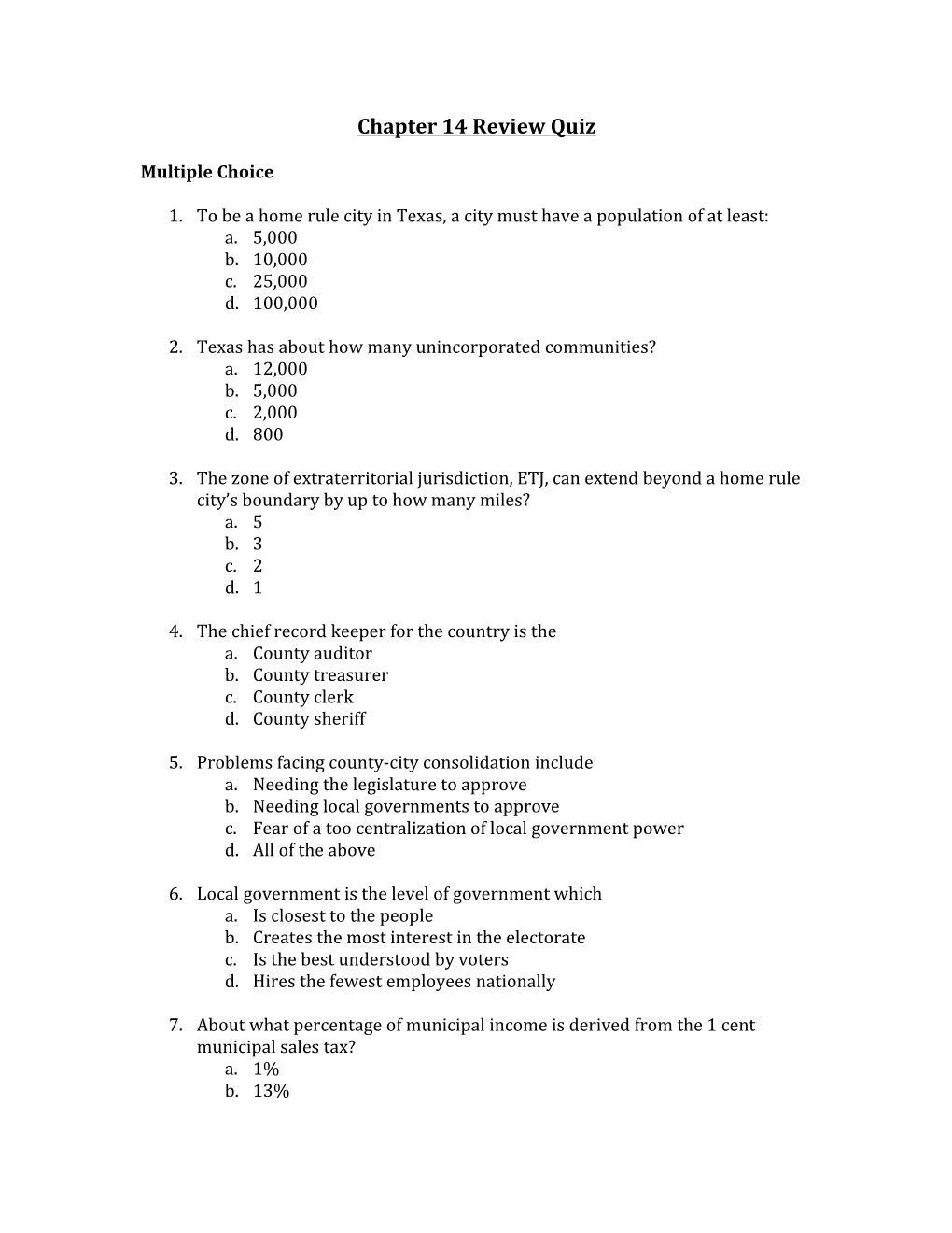 Chapter 14 Review Quiz