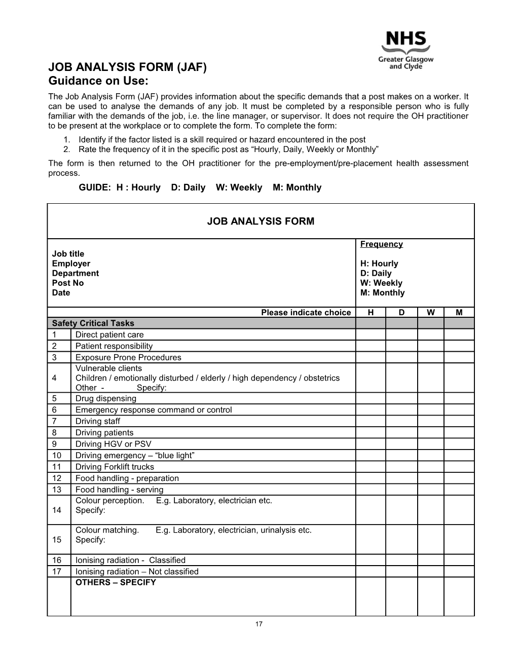 Occupational Health - Job Analysis Form