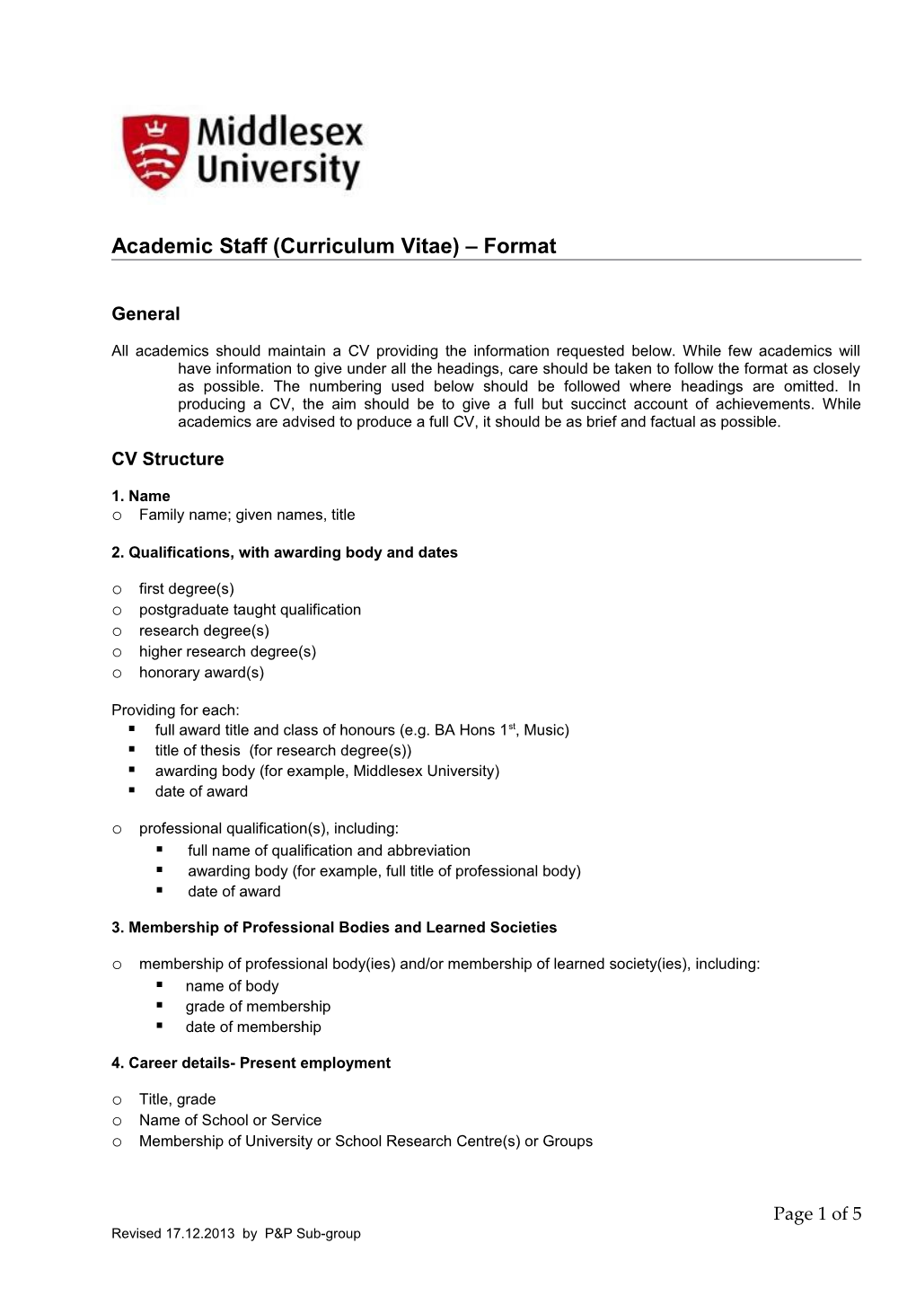 Staff (Curriculum Vitae) Database: Draft Specification