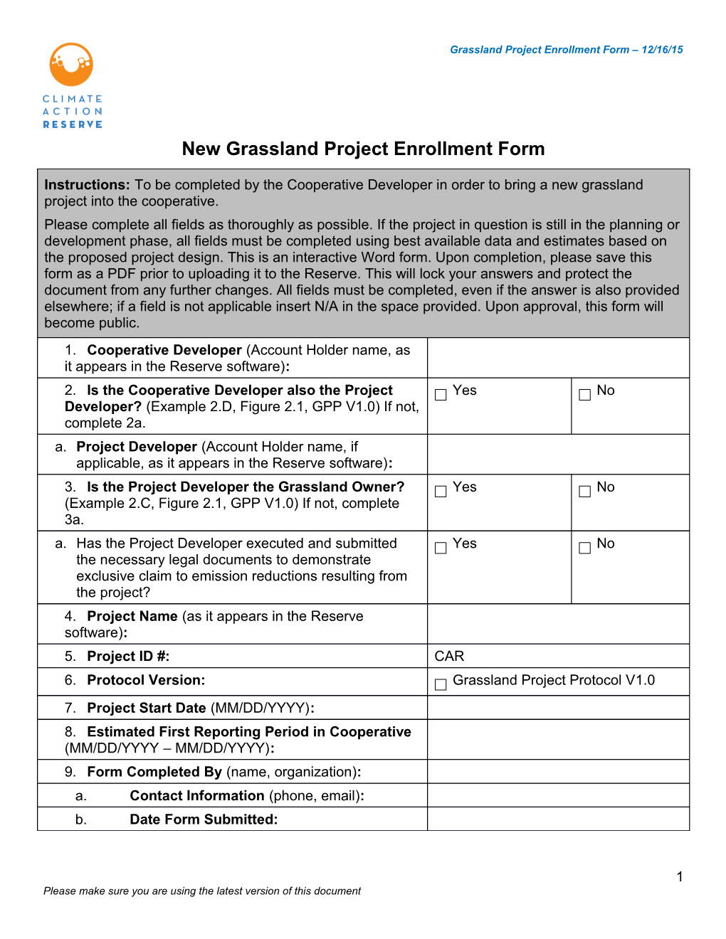 New Grassland Project Enrollment Form
