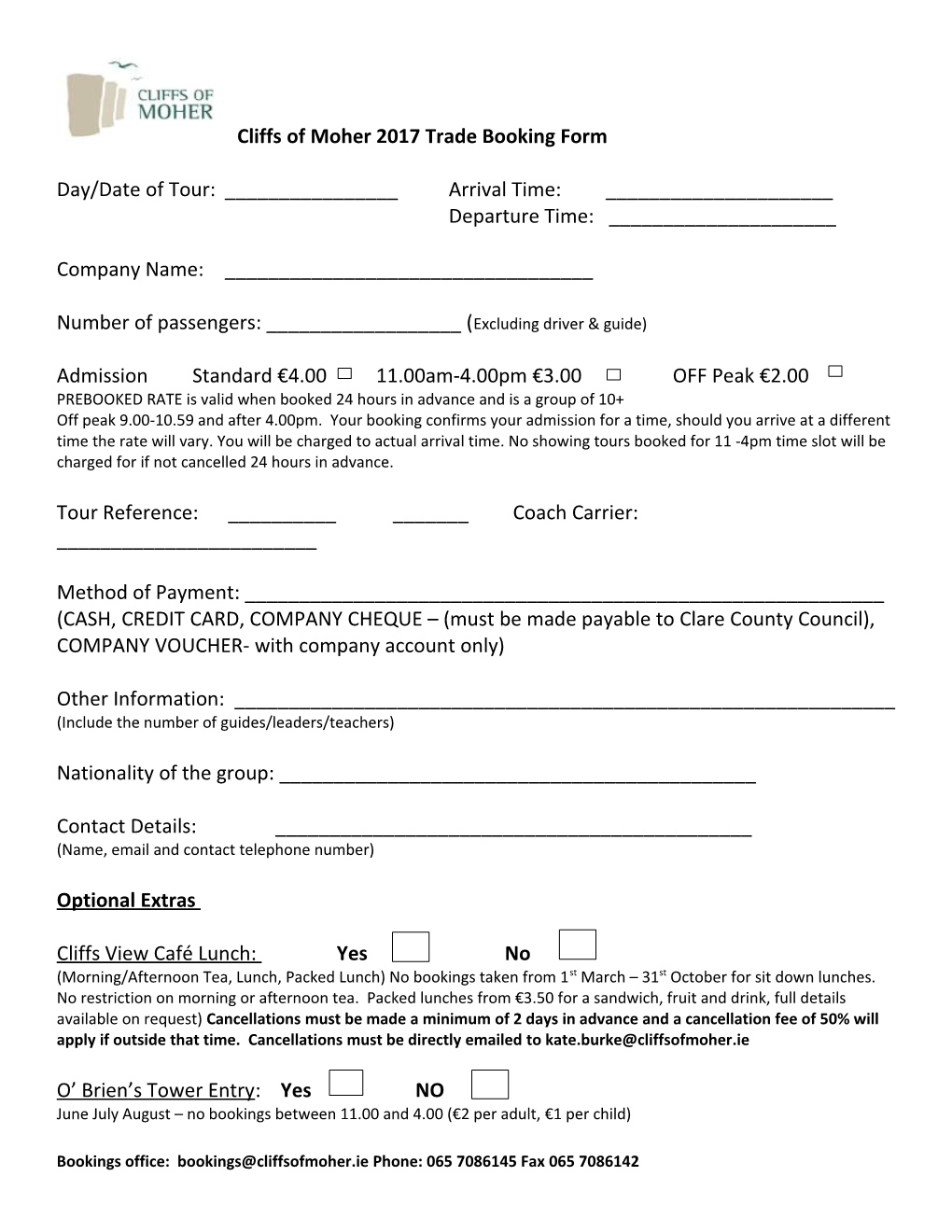 Cliffs of Moher Visitor Experience Booking Form