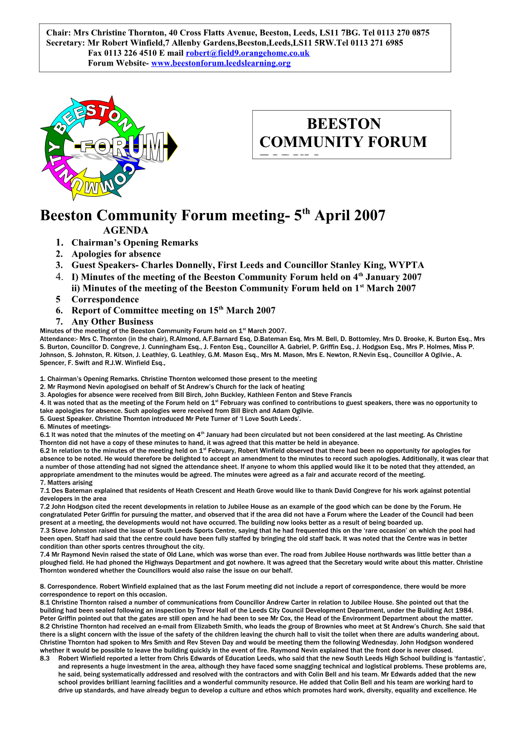 Beeston Community Forum Meeting- Thursday 5Th February 2004