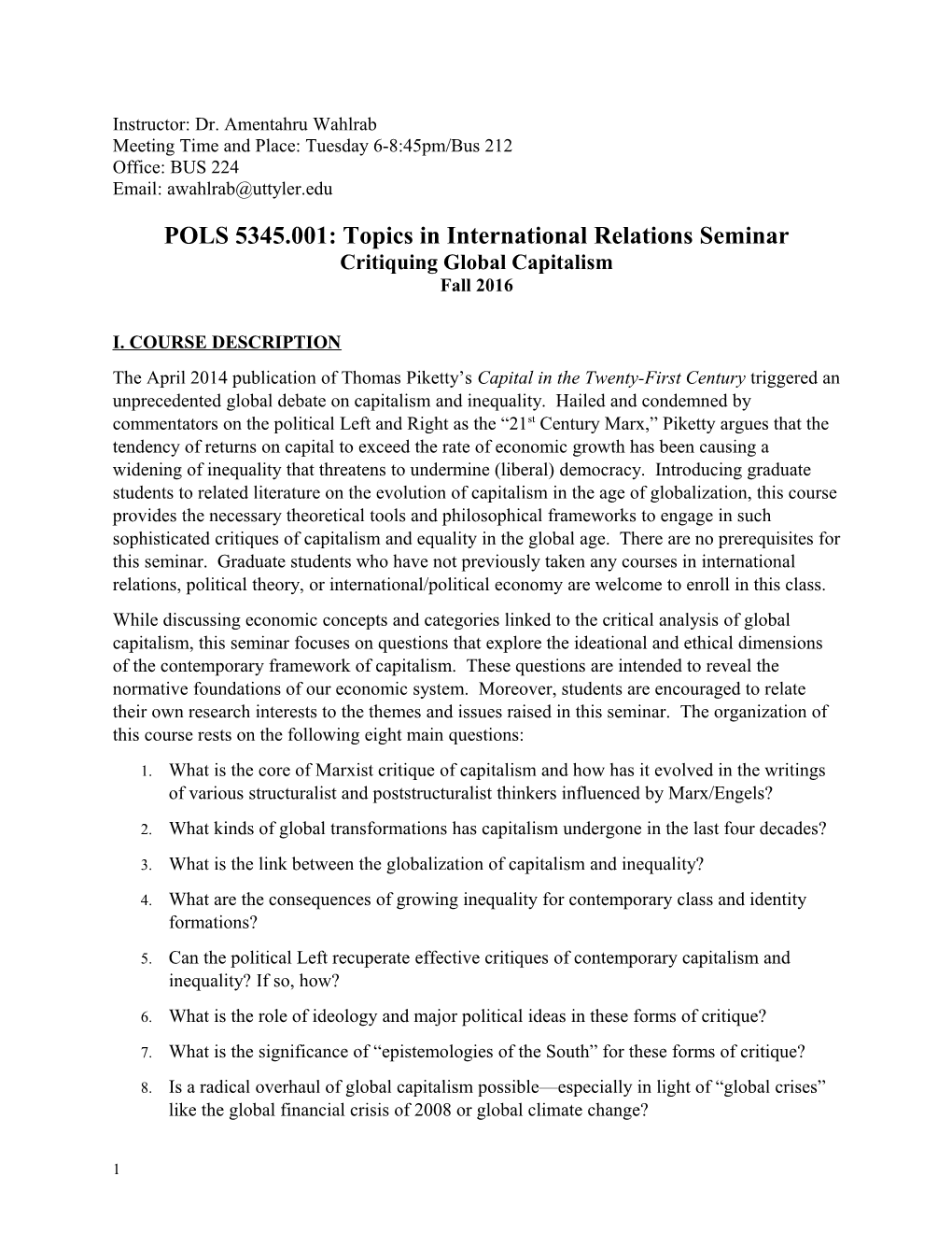 POLS 5345.001: Topics in International Relations Seminar