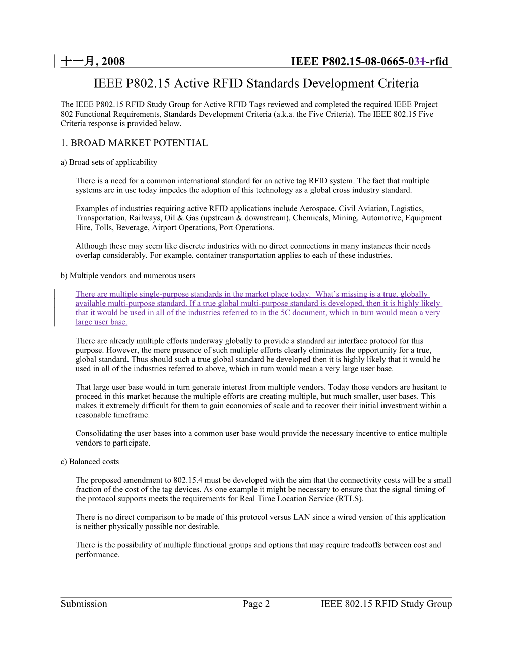 IEEE P802.15 Active RFID Standards Development Criteria