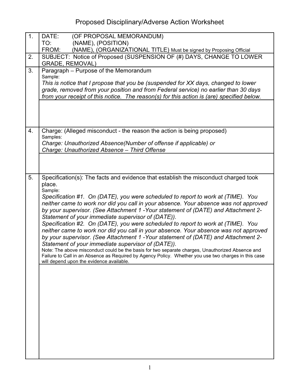 Proposed Disciplinary/Adverse Action Worksheet