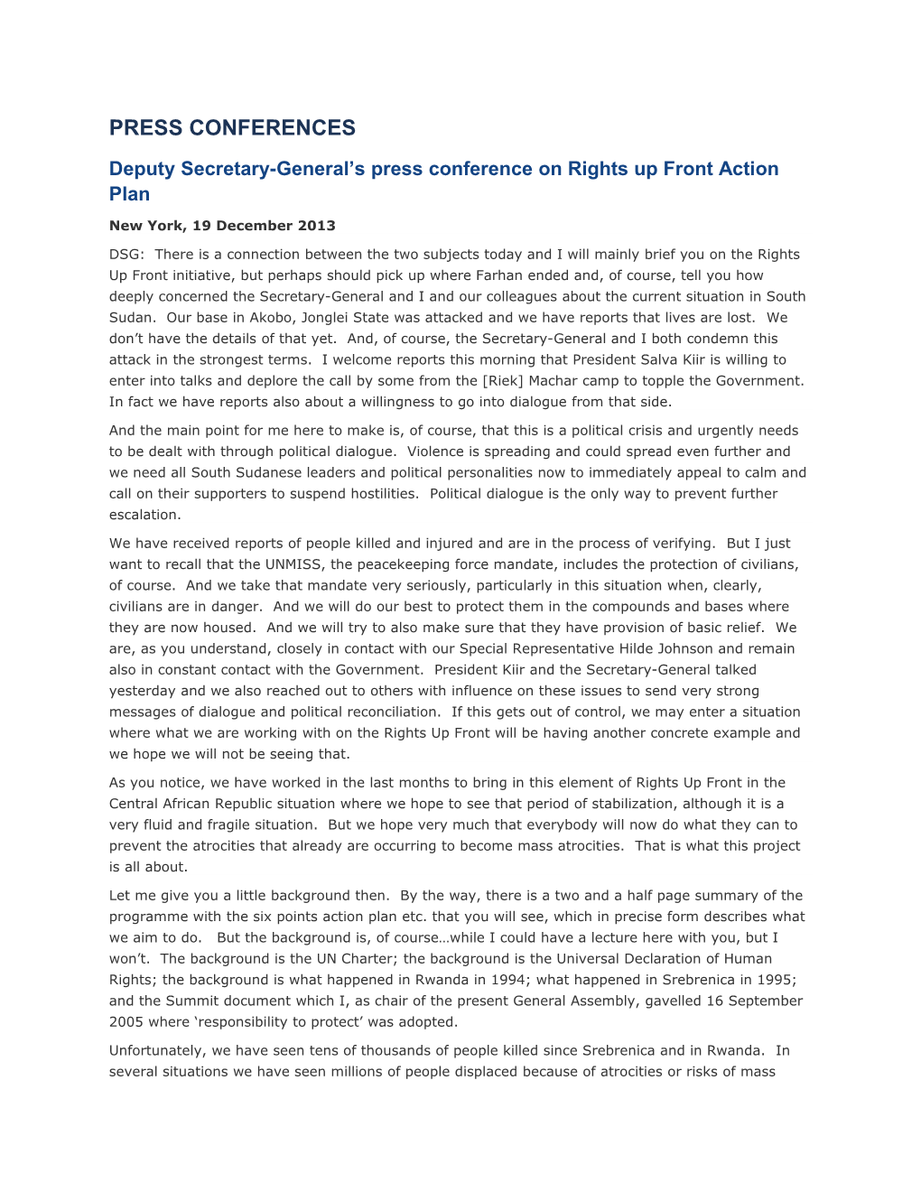 Deputy Secretary-General S Press Conference on Rights up Front Action Plan