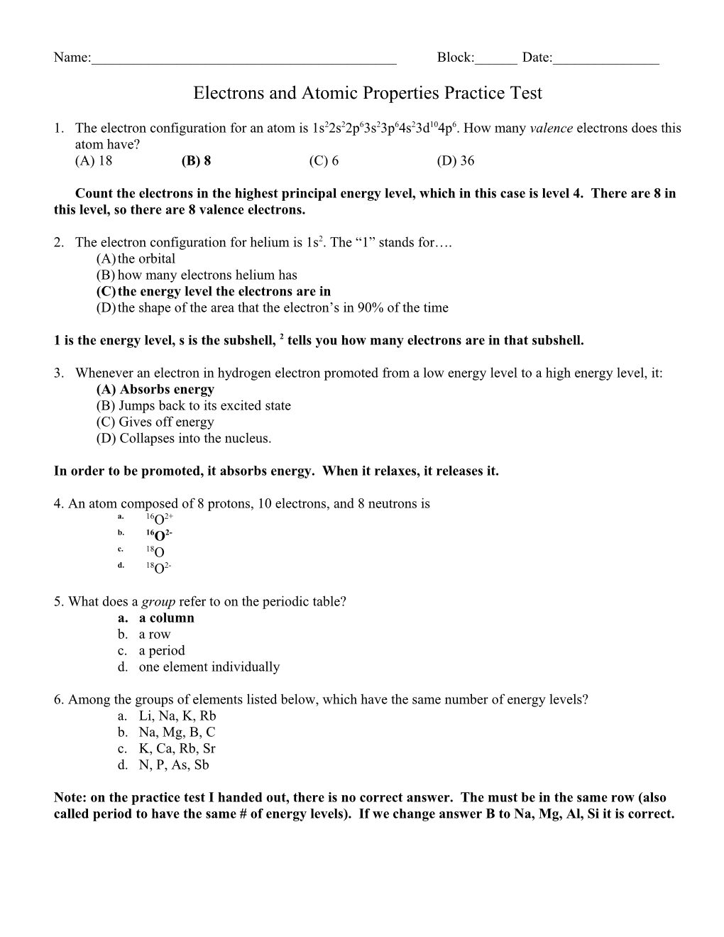 Electrons and Atomic Properties Practice Test