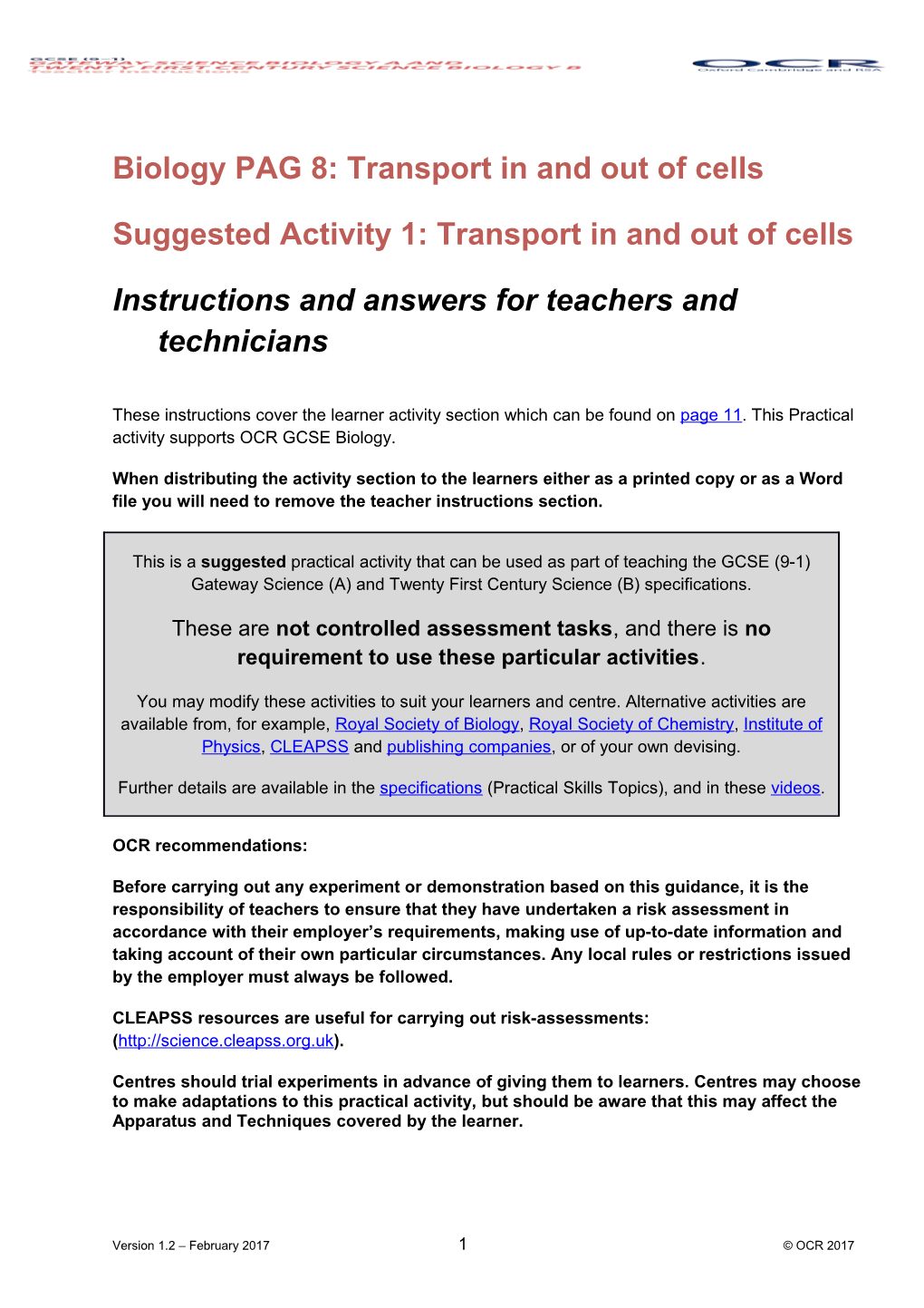 OCR GCSE Science Biology a and B PAG 8: Transport in and out of Cells