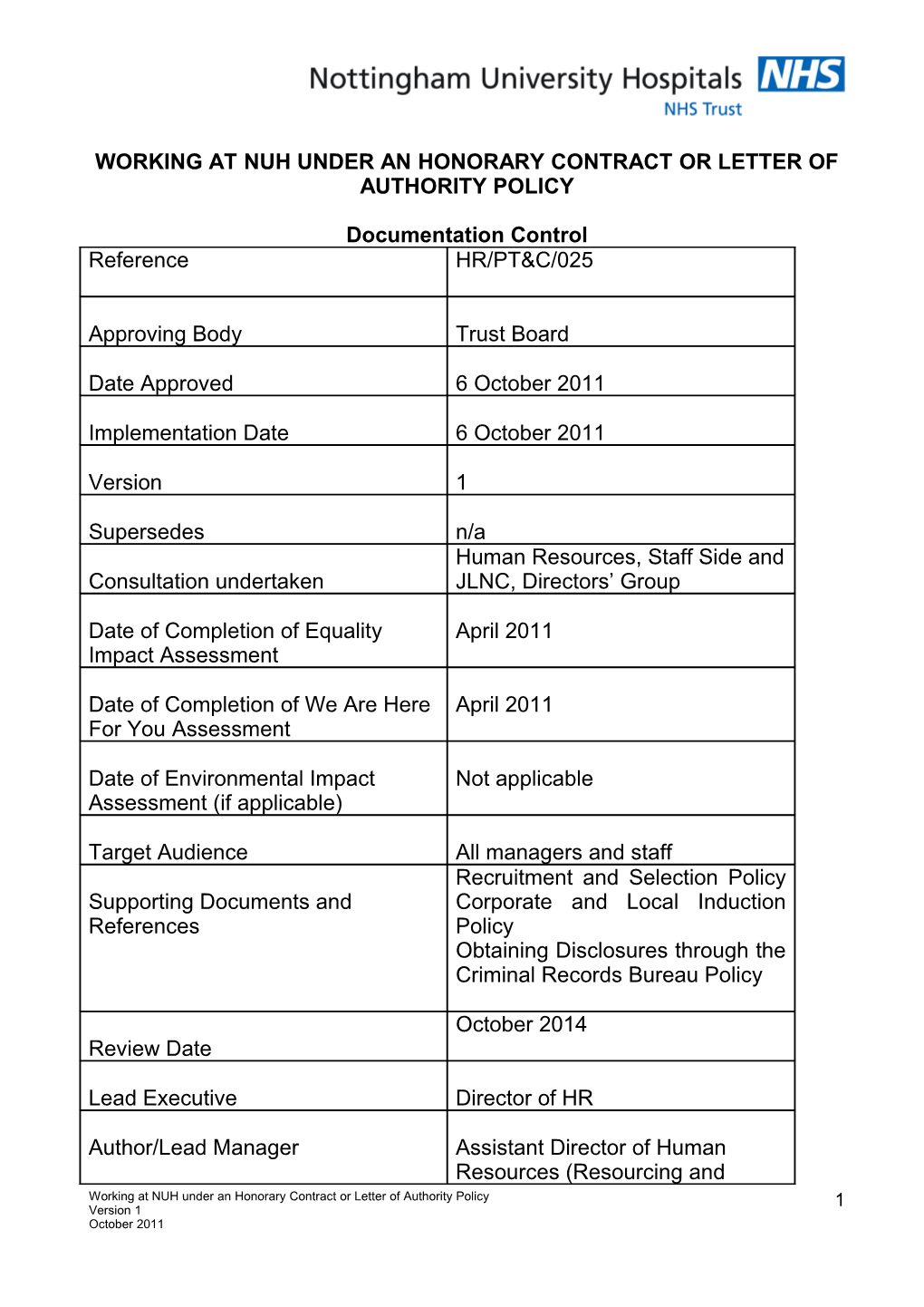 Policy for Working at NUH Under an Honorary Contract Or Letter of Authority