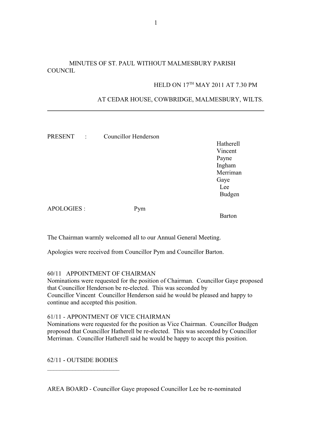 Minutes of St. Paul Without Malmesbury Parish Council