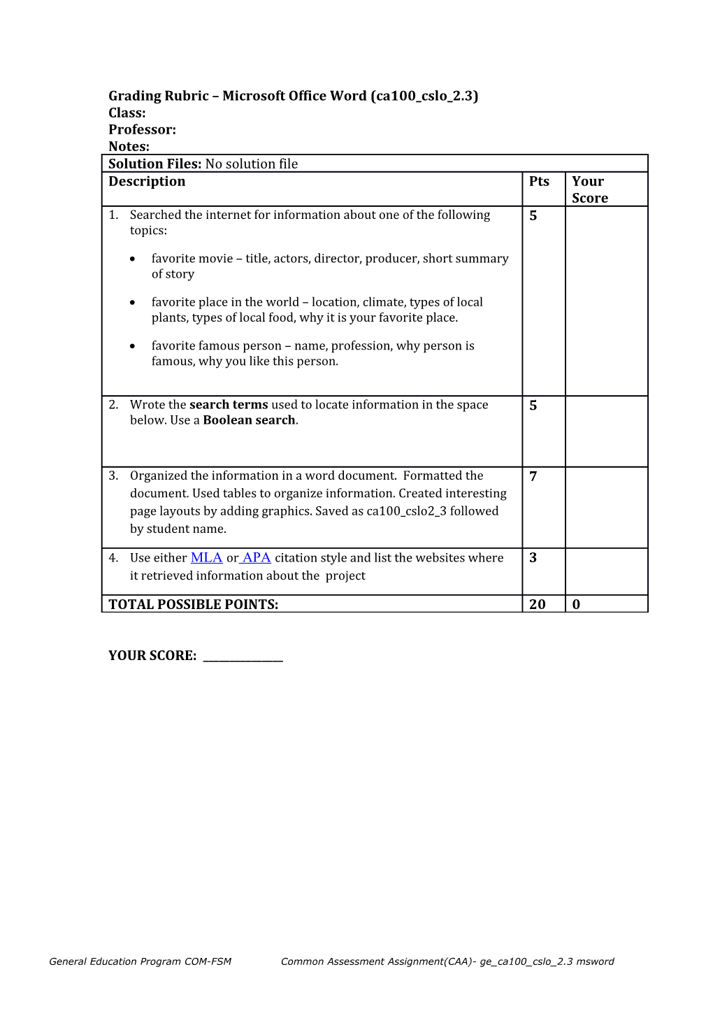 ISLO 7 and PSLO 2.2 Rubric for CA100 Common Assessment Project