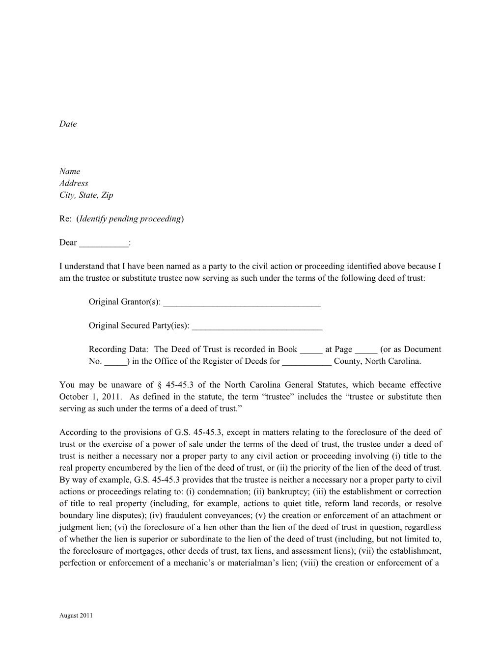 Deed of Trust - Dismiss Trustee Letter