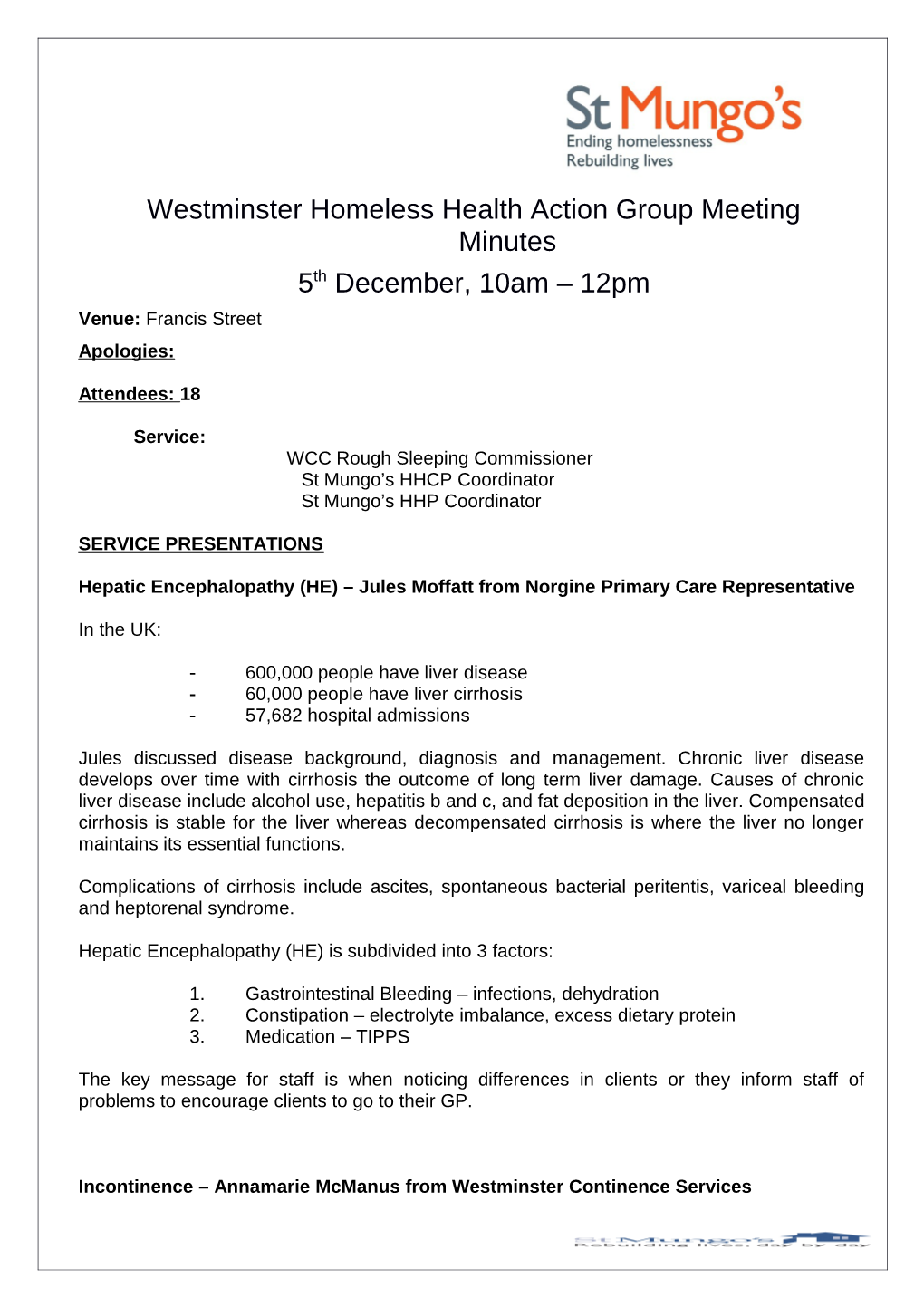 Westminster Homeless Health Action Group Meeting Minutes