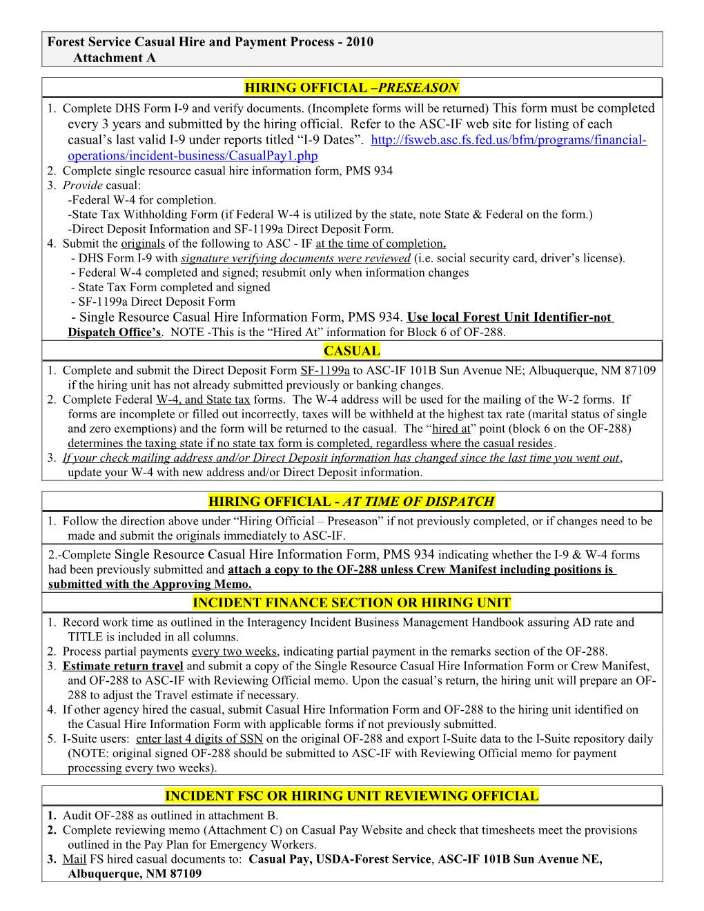 Forest Service Casual Hire and Payment Process - 2010 Attachment A