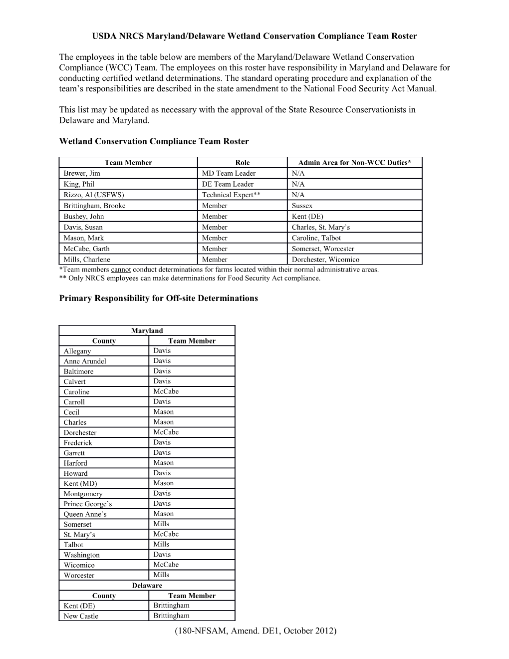 USDA NRCS Maryland/Delaware Wetland Compliance Plan