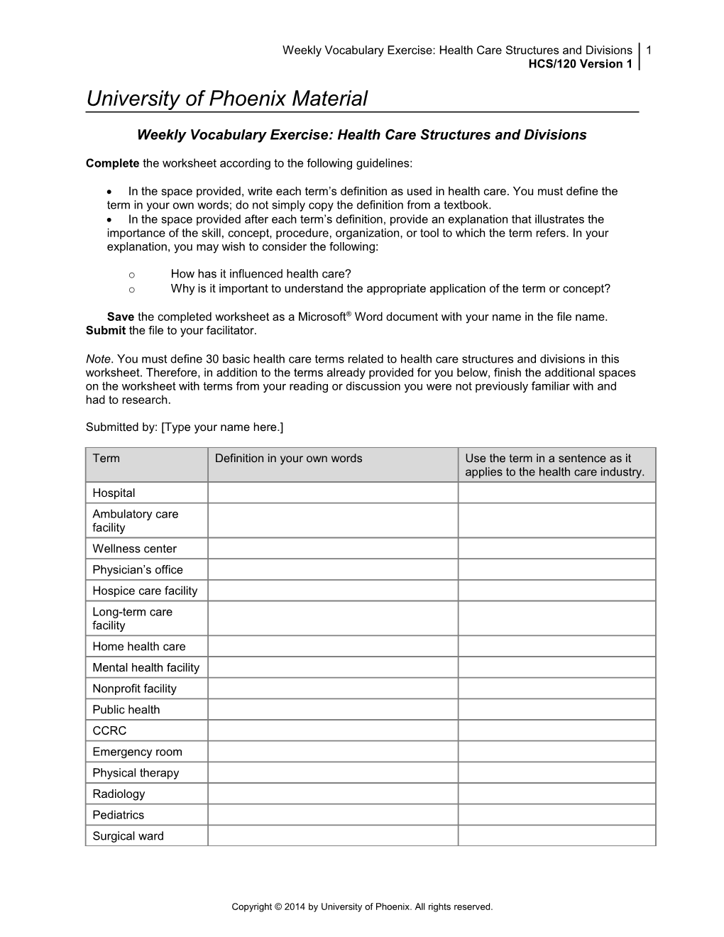 Weekly Vocabulary Exercise:Health Care Structures and Divisions