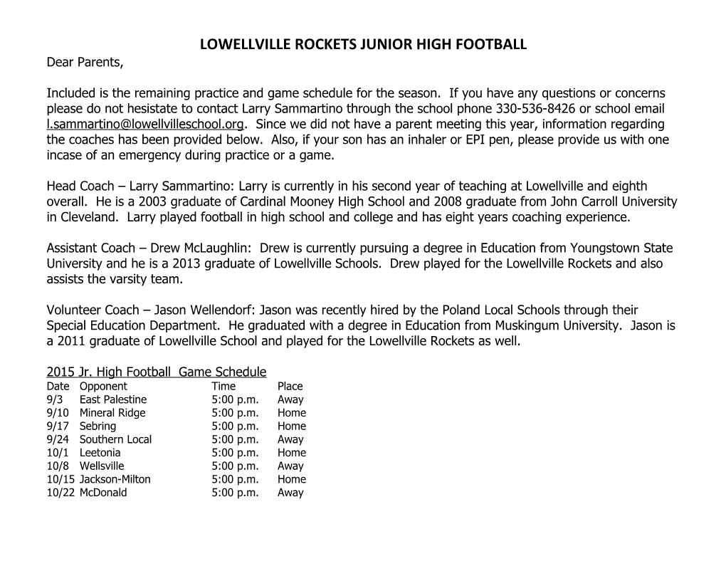 Lowellville Rockets Junior High Football