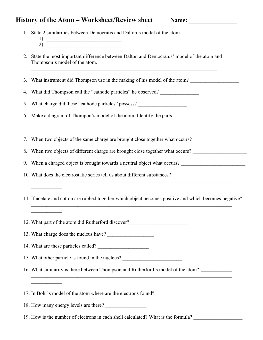 History of the Atom Worksheet/Review Sheet