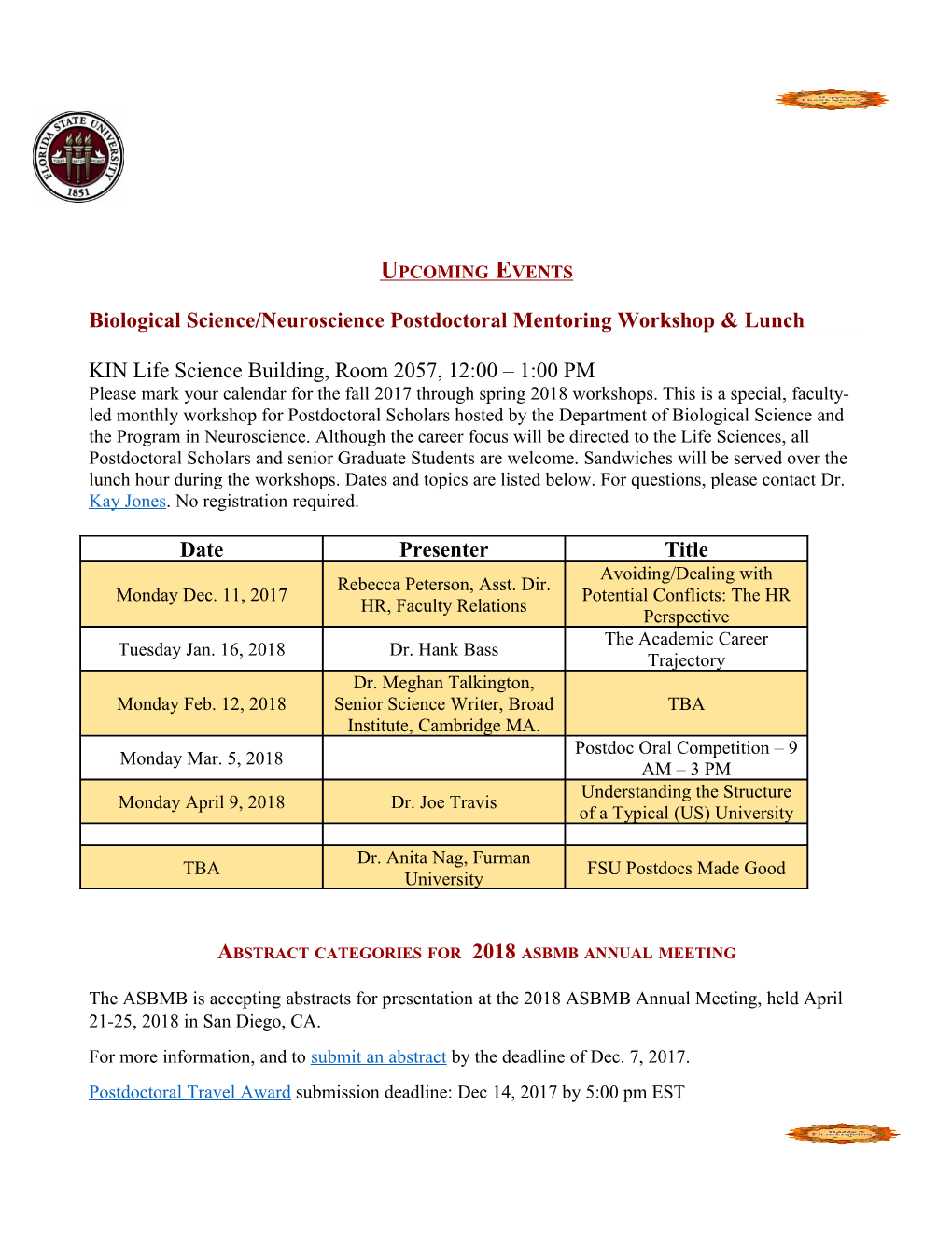 Biological Science/Neuroscience Postdoctoral Mentoring Workshop & Lunch